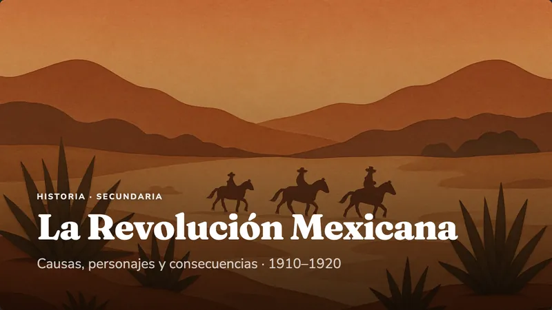 Cover slide: La Revolución Mexicana, riders crossing a desert at sunset.